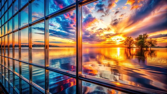 A serene and dreamy scene unfolds where a blurred sunsets vibrant hues are eerily reflected on rippled glass evoking a deep sense of nostalgia and lon