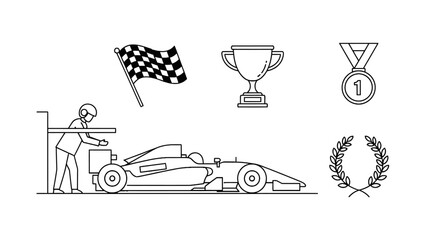 Obraz premium Formula 1 Racing Icons: Car, Pit Stop, Trophy, Medal, Flag, Laurel Wreath