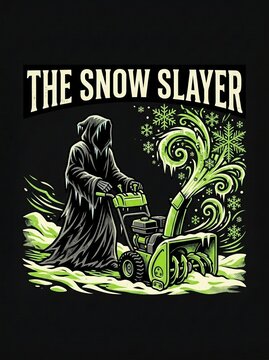 Illustration of a grim reaper character using a green snow blower to clear winter snow.