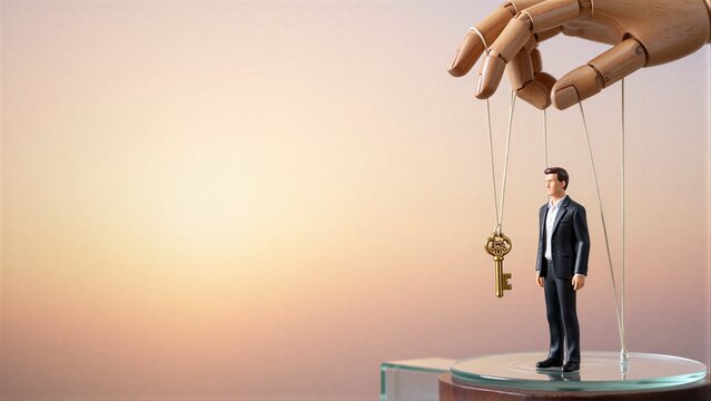 Wooden hand controls tiny businessman with key, symbolizing power and decision-making.