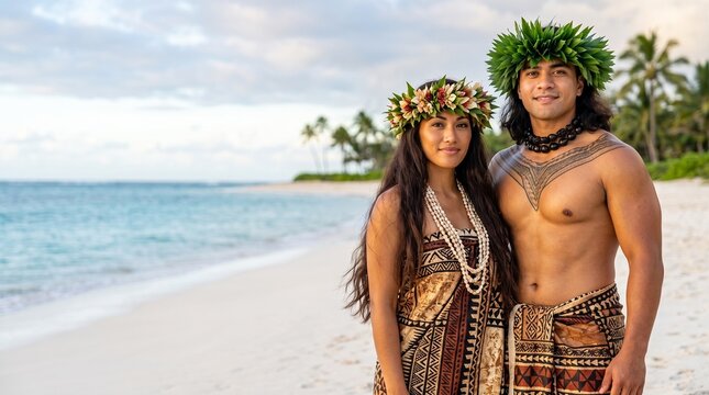 Happy Hawaiian couple in traditional clothing standing on tropical beach at sunset