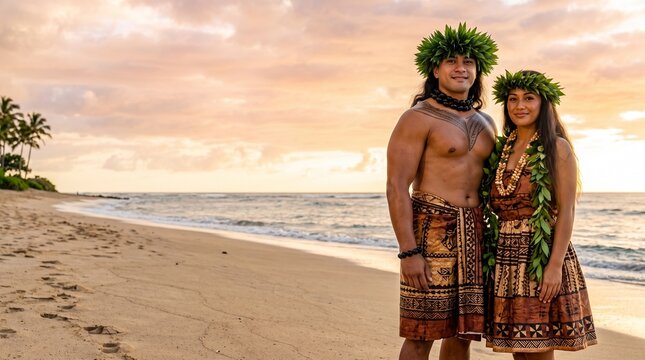 Happy Hawaiian couple in traditional clothing standing on tropical beach at sunset