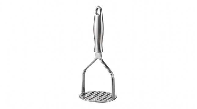 Stainless steel potato masher with ergonomic handle, professional metal kitchen tool for mashing vegetables, silver food press on white background