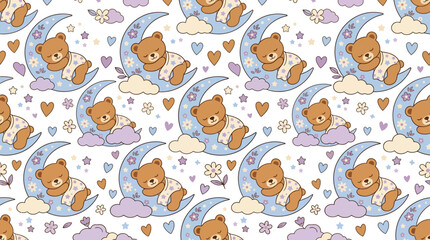 Fototapeta premium Cute Teddy Bear Sleeping on Moon Pattern