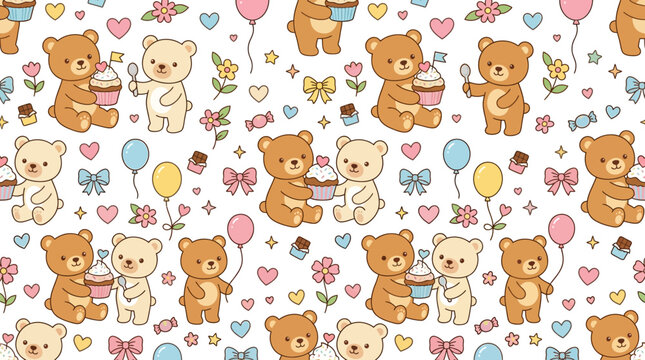 Cute Teddy Bears with Cupcakes Pattern
