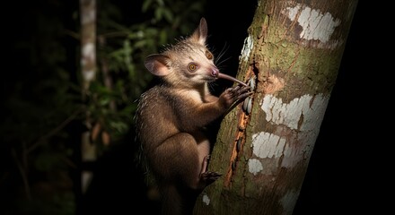 Naklejka premium Unique nocturnal Aye-aye primate foraging for insects on tree bark in dark forest
