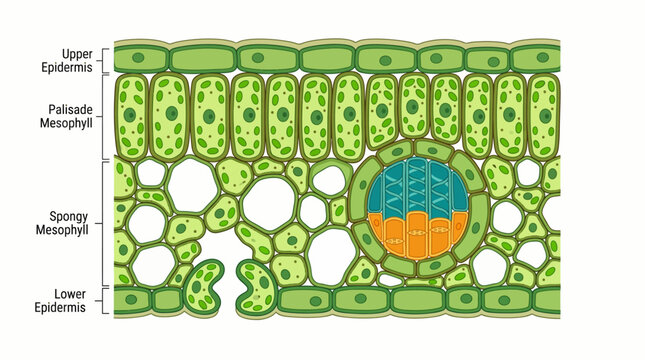 Cross-section of leaf tissue showing upper epidermis, mesophyll layers and lower epidermis