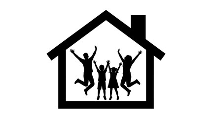 A happy family jumping for joy inside a house silhouette, representing home and togetherness
