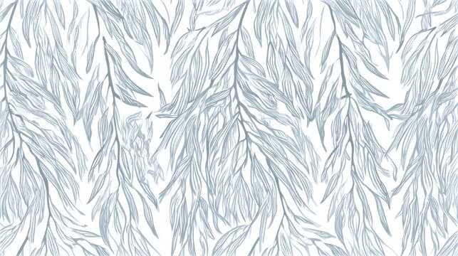 Seamless pattern, fine line art of weeping willow branches, pale blue-gray on white, calming and elegant, flat design