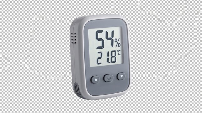 Digital hygrometer and thermometer device, portable room humidity monitor with LCD display, indoor climate control sensor isolated on transparent background