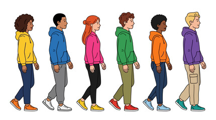 Fototapeta premium Diverse Group of Young People Walking Together in Colorful Casual Hoodies Side Profile Illustration