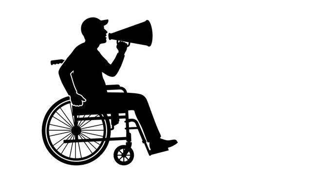 Silhouette of disabled man in wheelchair shouting into megaphone for disability rights and advocacy