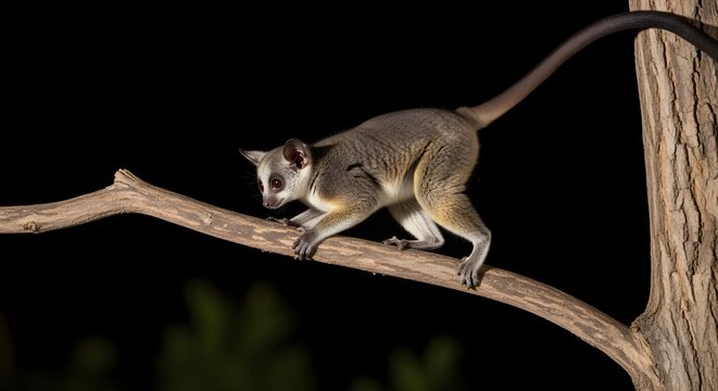 Bushbaby Galago Climbing a Tree Branch at Night
