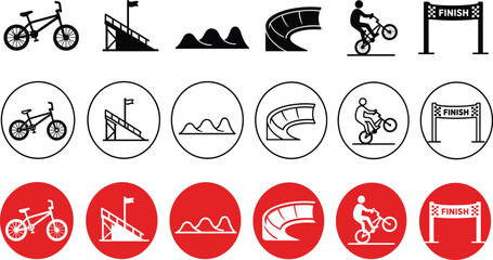 Obraz premium BMX bike racing icons set, extreme sports bicycle stunt symbols, 18 vector elements for mountain biking and dirt jump competitions