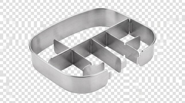 Metallic cookie cutter in letter E shape, stainless steel alphabet biscuit mold, silver chrome kitchen tool for baking and pastry design