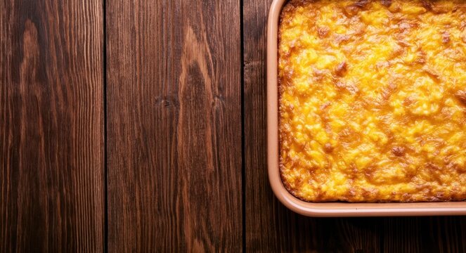Golden baked corn casserole in a rectangular pan on dark wooden table