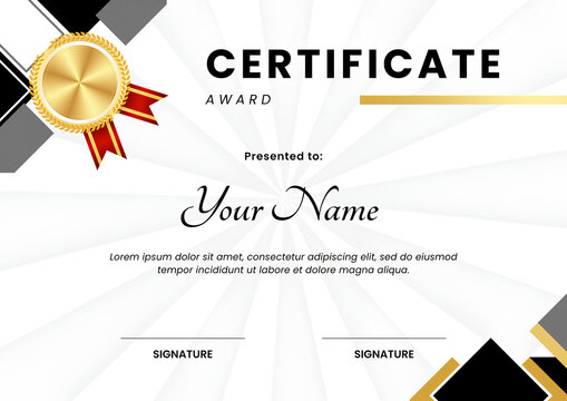 Elegant blank award certificate for achievement recognition. Customizable diploma template with gold seal and red ribbon for professional or academ...