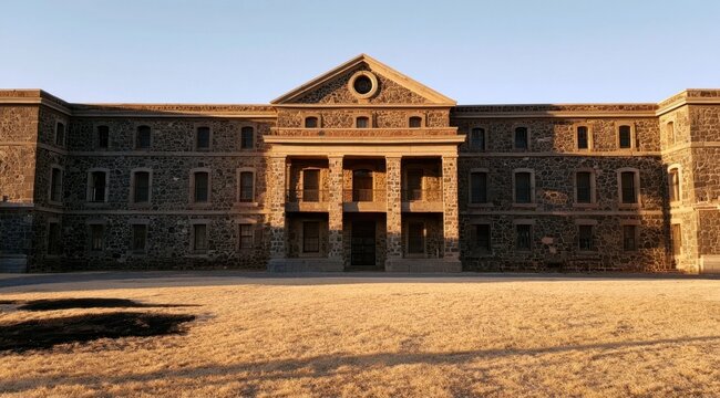 Grand historical stone building facade with columns and pediment under blue sky