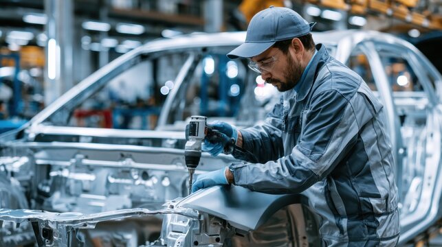 Car factory worker assembling car chassis with drill