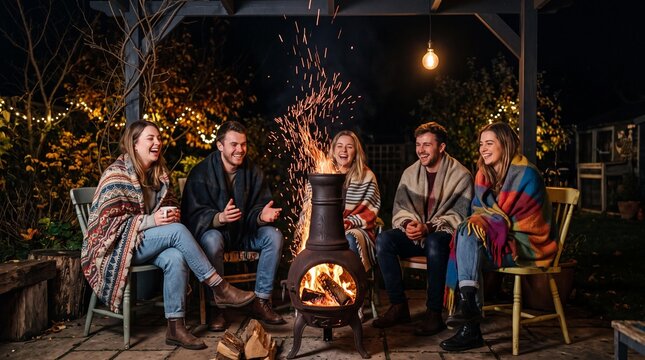 Friends laughing around a cozy chiminea fire pit on a chilly autumn night.