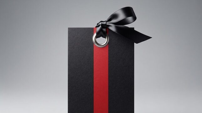Luxury black price tag label mockup with silk ribbon and red stripe for Black Friday sale