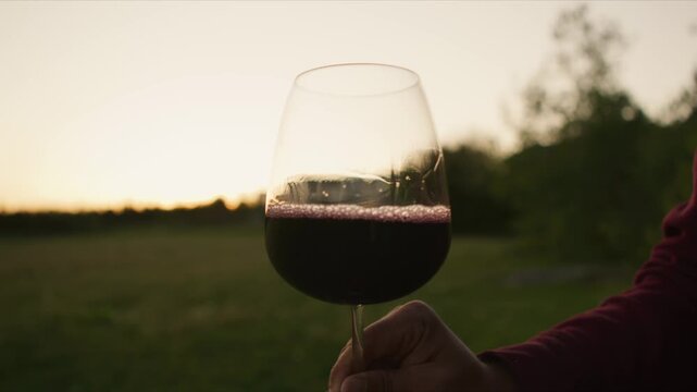 Experience the beauty of pouring rich red wine into a glass at dusk in a serene vineyard, highlighting the art of tasting exquisite beverages against a golden sky.