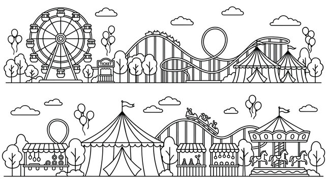 Amusement park coloring page with ferris wheel and roller coaster ride.