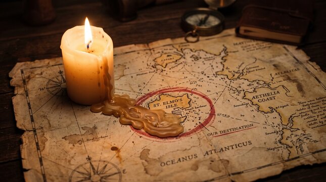 Vintage Map with Candle Lighting Mysterious St Elmos Isle Destination