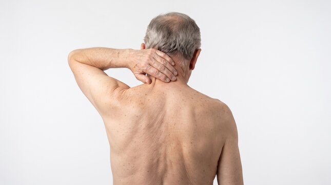 Rear view of senior man holding back of neck suffering from upper back pain and muscle strain