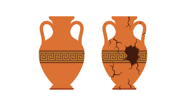 Ancient Greek amphora terracotta vase vector illustration set with whole and broken cracked pottery versions