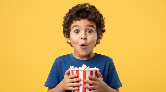 Surprised young boy holding bucket of popcorn with open mouth expression on yellow background