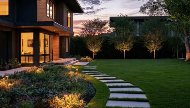 House with illuminated garden path at dusk