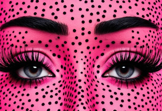 Vibrant Pink Eyes with Black Polka Dots - Close-up Portrait of Beauty and Style
