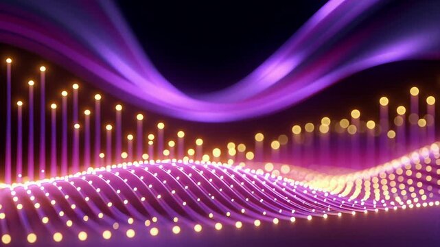 Dynamic, colorful 3d rendering of a futuristic digital landscape. Waving purple lines with glowing dots create a beautiful data flow