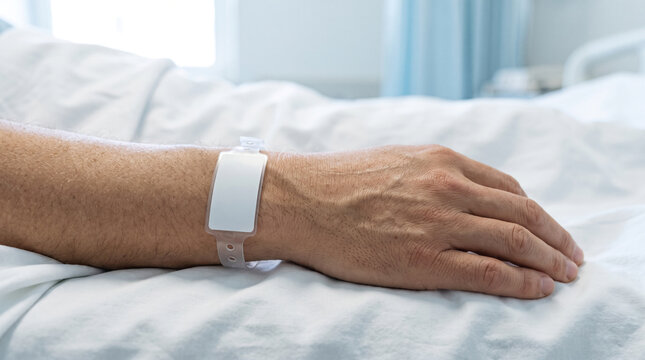 Patient wearing a blank hospital identification wristband resting on a white bed in a clinical room