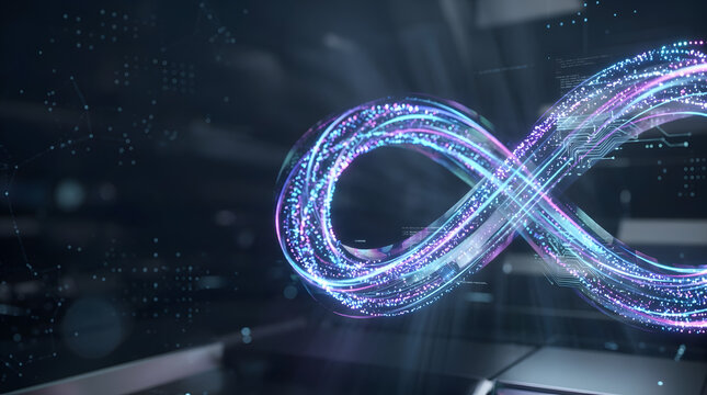 Abstract infinity symbol made of digital light particles and data streams in a dark technological environment