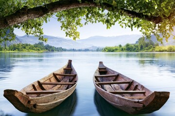 Obraz premium Serene Rustic Wooden Boats on Calm Water with Lush Greenery and Scenic Mountains in the Background