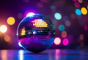 Obraz premium Colorful Disco Ball Under Vibrant Bokeh Lights - Party Celebration Sphere