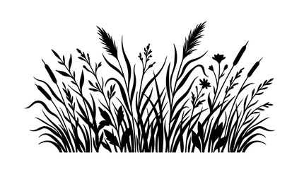 Grass and wild herbs form a decorative border in black silhouette, featuring various plant shapes and textures against a white background. © MstShopna