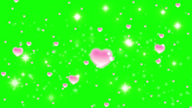 Motivational quote text overlay featuring floating pink hearts and glowing sparkles against a vibrant bright green chroma key background screen