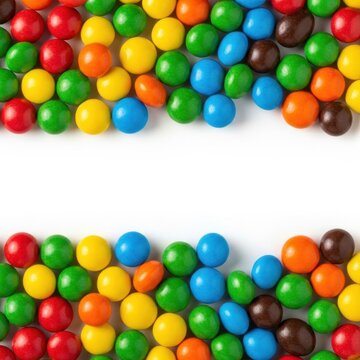 Colorful chocolate candy buttons forming a border on top and bottom with copy space in the center for messages or logos, showcasing vibrant treats for snacks parties and sweet celebration backgrounds.