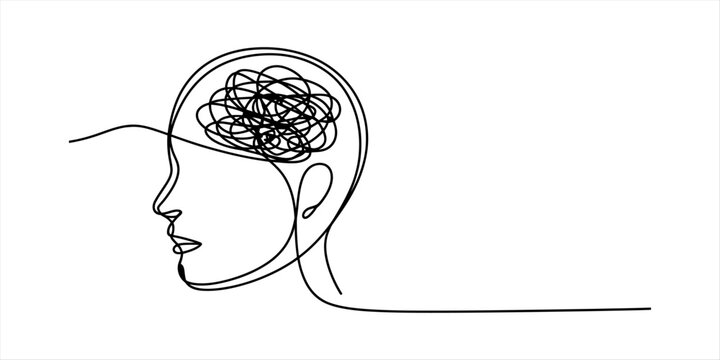 Continuous single line drawing of a human head profile with a messy tangled brain shape representing mental health stress confusion or deep thinking
