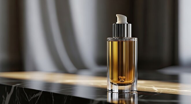 Amber serum bottle on dark marble surface.