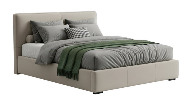 Modern comfortable bedroom interior with beige bed and green throw
