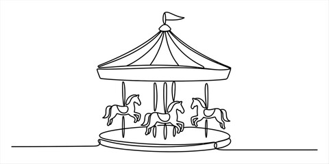 Continuous single line drawing of a merry go round carousel with horses for children at an amusement park carnival ride in a simple minimalist style © Next to Work