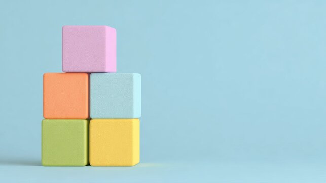 This minimalist still life shot shows 5 pastel matte cubes stacked in a staggered stable formation, set against a solid light blue background, with soft subtle shadows cast on the flat surface below