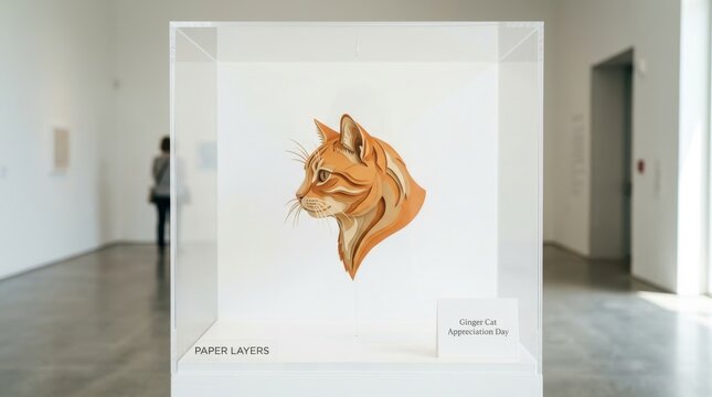 Elegant layered paper art sculptures of a ginger cat head profile displayed in a glass museum case at an art gallery exhibition, showcasing fine papercraft detail for modern creative interior designs.