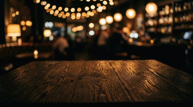 Empty rustic wooden table top with a blurred bar restaurant background and golden bokeh lights at night, perfect for product placement or food display in a cozy pub atmosphere with warm interior