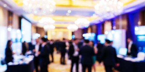 Obraz premium A blurred image of a busy conference or exhibition hall filled with people engaging in discussions, networking, and showcasing products.