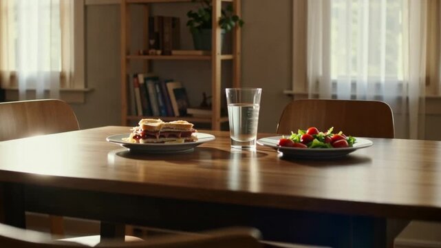 Cozy indoor meal setup with sandwiches and berries on wooden table